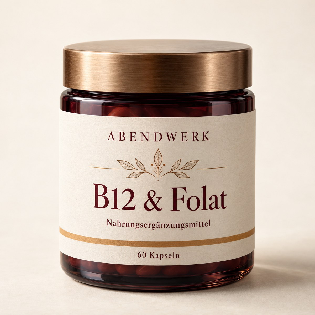 ABENDWERK B12 & Folat, dunkle Glasdose mit bronzefarbenem Deckel, 60 Kapseln