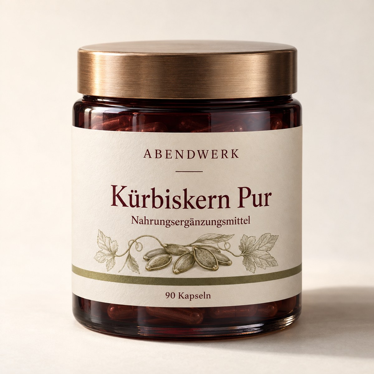 ABENDWERK Kürbiskern Pur, dunkle Glasdose mit bronzefarbenem Deckel, 90 Kapseln