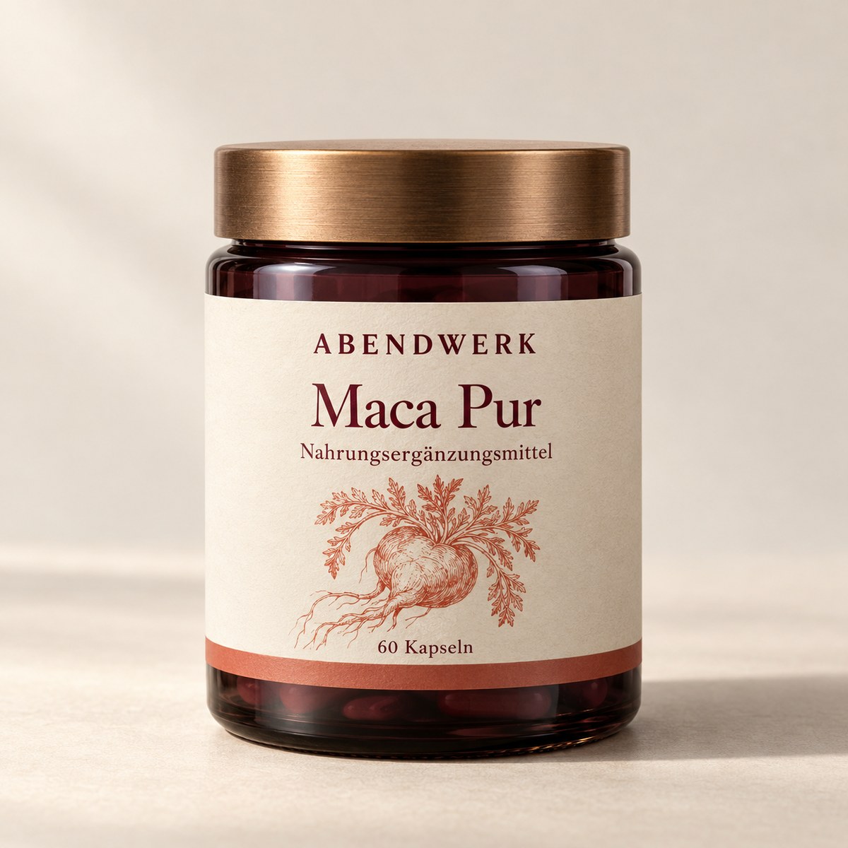 ABENDWERK Maca Pur, dunkle Glasdose mit bronzefarbenem Deckel, 60 Kapseln